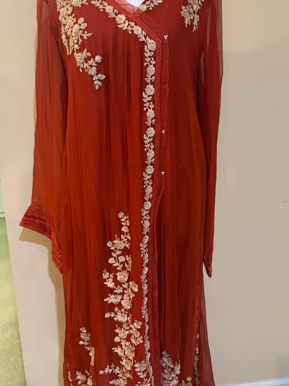 Women’s Red Long Sleeve Dress with Ivory Floral Embroidery
